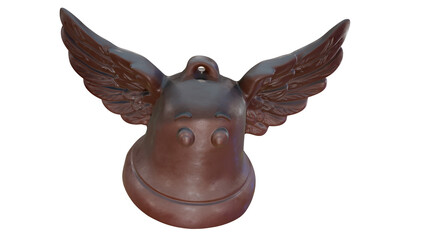 Chocolate Easter winged bell on transparent background, three-quarter top view. 3D rendering.