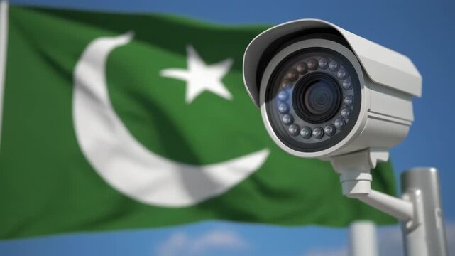 CCTV Security Camera Monitoring with Waving Pakistan Flag Background
