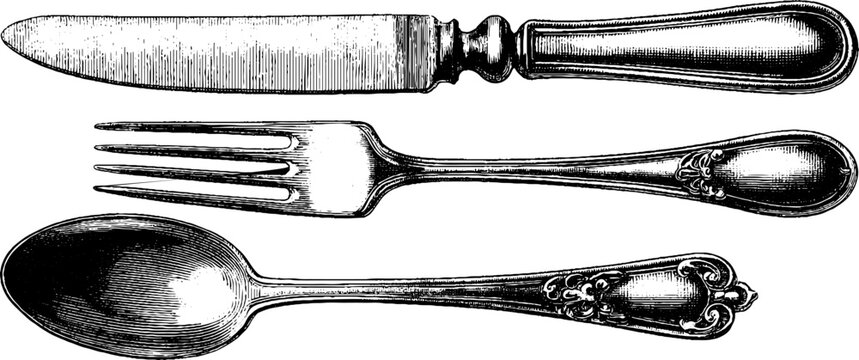 Vintage picnic cutlery set engraving for design and decoration