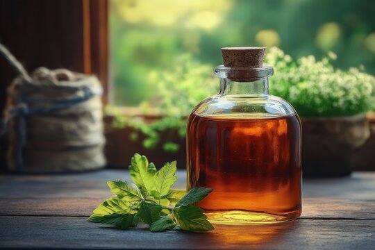 glass bottle of amber oil with cork and fresh green herb sprig on wooden windowsill bathed in warm sunlight, cozy rustic still life