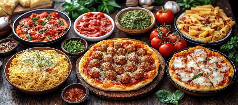 Warm, inviting Italian feast on a wooden table with meatball pizza, cheese and basil pizza, bowls of spaghetti and penne pasta, marinara and pesto sauces, fresh tomatoes and herbs