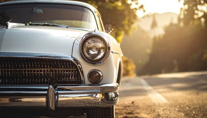 Fototapeta premium Nostalgic Journey - Close-Up of a Classic White Car on a Scenic Road.