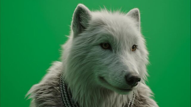 Cinematic wildlife portrait of a white wolf on green screen