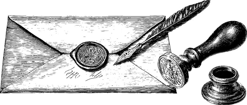Vintage engraving of sealing wax, stamp, and envelope for retro design and print