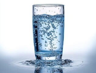 tall clear drinking glass filled with bubbling water and splashing droplets on a reflective white surface, bright and refreshing mood