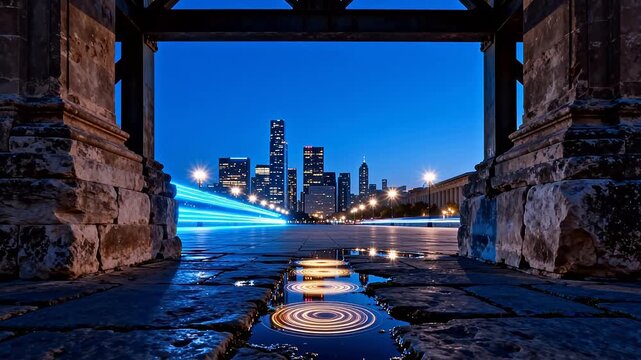 Ancient stone arch with modern city night reflection