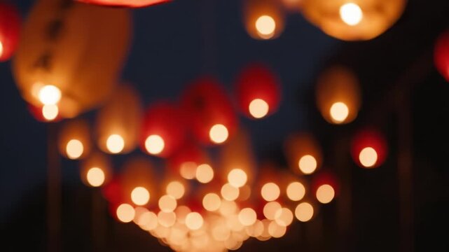 Soft bokeh light warm lantern glow festive night blur asian red lantern celebration glow warm atmosphere city street cultural event romantic dreamy mood holiday festival night cozy celebration