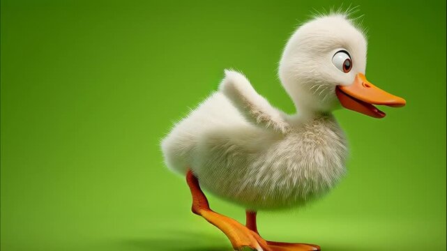 Happy little duck walking on a green studio backdrop