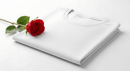Folded white t-shirt with a single red rose placed on top, minimalistic composition