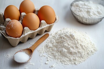 inviting home baking scene with brown eggs in a carton, wooden spoon of sugar, and mounds of flour on a white tabletop