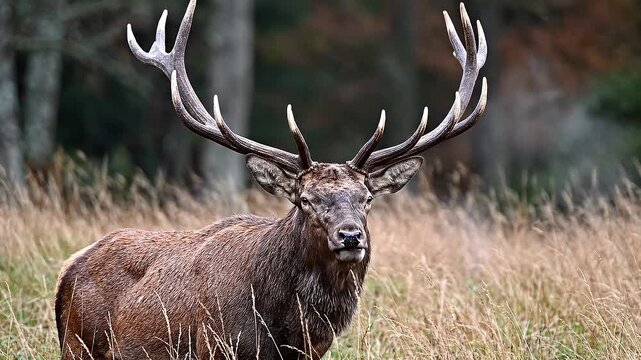 Cinematic wildlife footage of a majestic red deer stag standing in a misty green meadow at dawn. The stag raises its head and roars powerfully