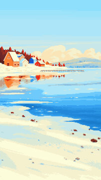 Vertical winter pixel art wallpaper of a snowy Nordic village for smartphone.
