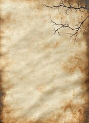 Fototapeta premium aged parchment background with burnt edges, blank textured center and bare leafless branches in the top right evoking eerie vintage nostalgia