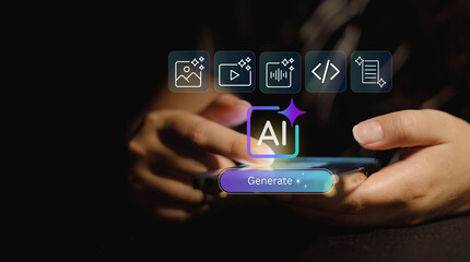 Naklejka premium AI generating digital content, like pictures, videos, voices, code from user input on a smartphone