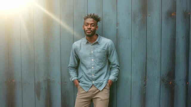 Young Black Man in Denim Shirt Smiling and Looking Away Against Blue Wooden Wall