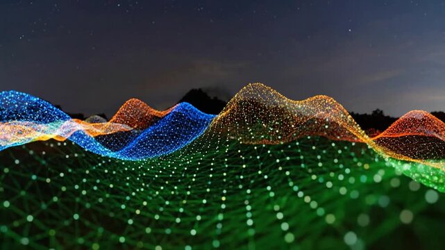 Abstract digital landscape with glowing particles and a starry night background, representing data visualization.