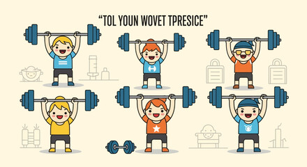 Cartoon Characters Lifting Weights and Exercising.