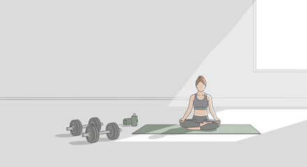Woman Practicing Yoga with Dumbbells Nearby.