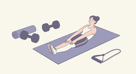 Woman Exercising on Yoga Mat with Weights.