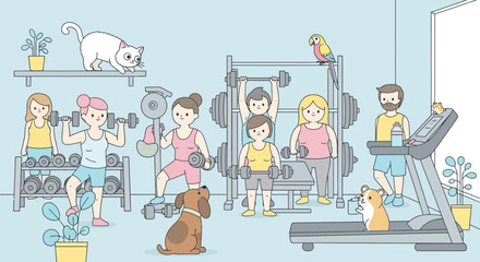 Cartoon People Exercising in a Gym.