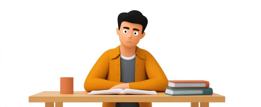 anxious college student looking stressed and flustered while studying at a library table