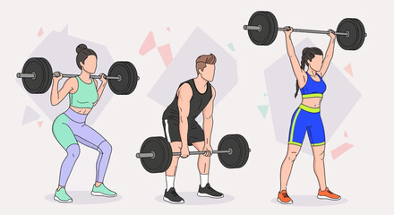 Cartoon People Lifting Weights in Gym.