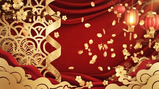 Chinese new year festival celebration background red curtain fabric with gold cloud lantern blossom petal glitter decoration luxury festive elegant frame design joy hope prosperity luck happiness