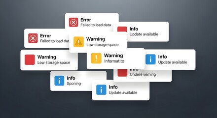 Obraz premium Overlapping system notification cards with red, yellow, and blue icons for digital interface problem solving