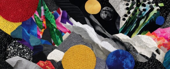 Fototapeta na wymiar Vibrant collage mosaic artwork evokes emotions with diverse fabrics and bold abstract elements.