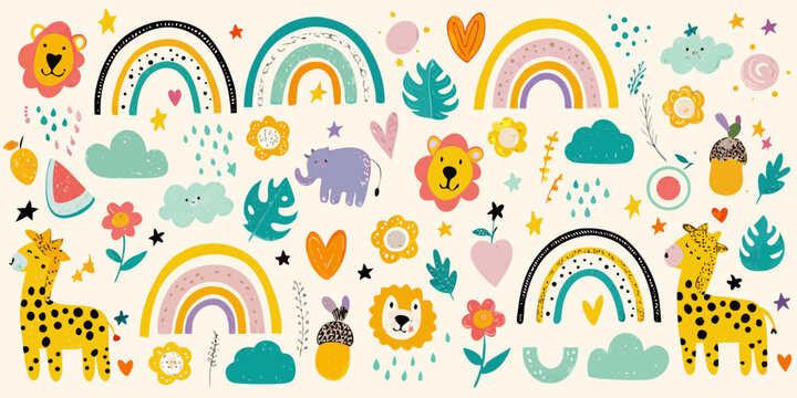 Playful cartoon illustration featuring rainbows animals and botanical elements