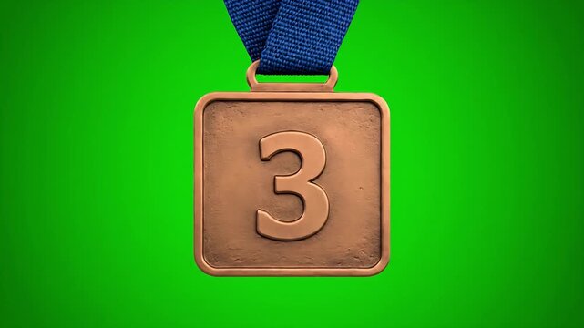 Third place bronze medal award with blue ribbon hanging against a vibrant green screen ready for easy chroma key removal and video graphics