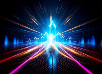 A blindingly bright central nexus explodes outwards into a dynamic tunnel of neon light and surging arrows.