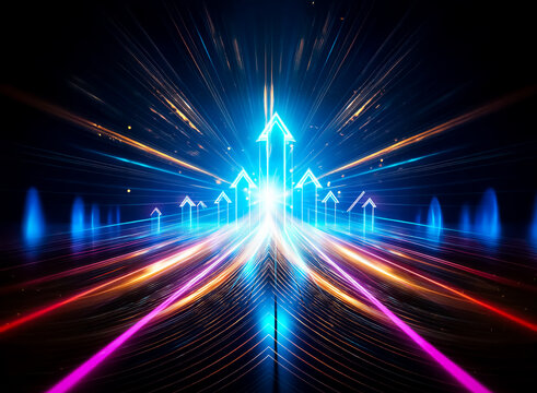 A blindingly bright central nexus explodes outwards into a dynamic tunnel of neon light and surging arrows.