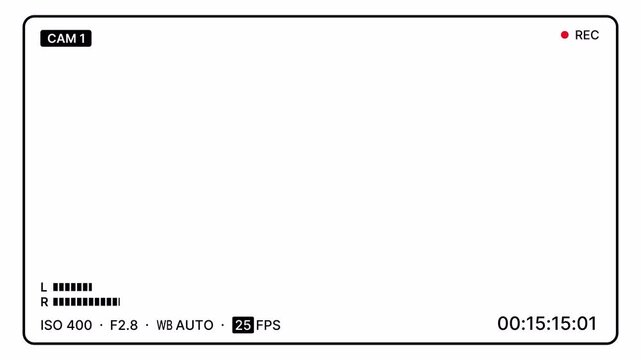 Modern camera screen recording overlay on white background with cam label, rec indicator, timer, stereo audio levels and detailed settings for filmmaking, broadcast and multimedia. 4K Video