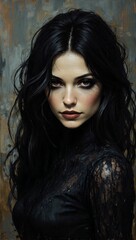 Fototapeta premium A strikingly beautiful woman with dark hair and intense eyes is captured in a hyperrealistic, cinematic portrait.