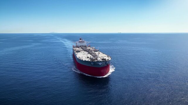 Aerial view of a large crude oil super tanker ship traveling with speed over the calm ocean