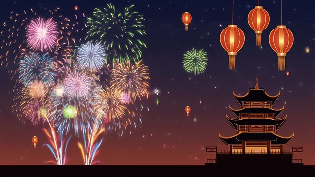 Vibrant Chinese pagoda at night with fireworks and lanterns