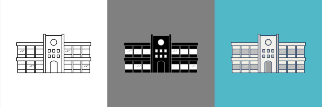 左右対称校舎アイコン3種バリエーションセット｜ミニマル線画フラットベクター素材