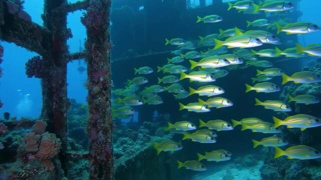 Underwater Scenery: School of Grunts Swim Near Sunken Structure Coral Reef
