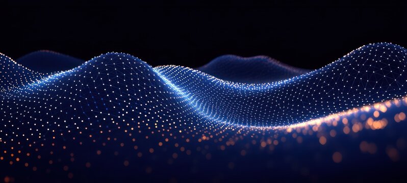 Undulating glowing mesh of connected points forming blue and orange dotted waves over a dark background, serene futuristic digital landscape