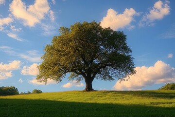 Fototapeta premium Solitary oak tree on a sunlit grassy hill under a blue sky with fluffy clouds, peaceful golden light and long shadow
