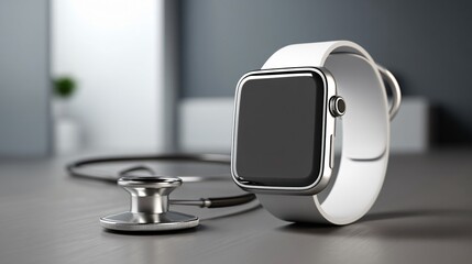 Apple Watch with stethoscope on medical table, health monitoring technology and smartwatch on grey surface