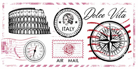 Vintage travel themed illustration featuring italian landmarks and postal elements © Juran