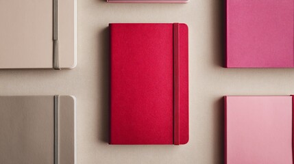 Collection of assorted pink and red notebooks on textured surface