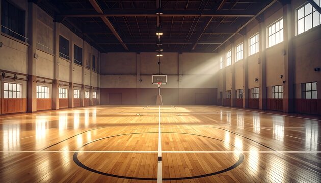Empty basketball court with hardwood floor and natural light.