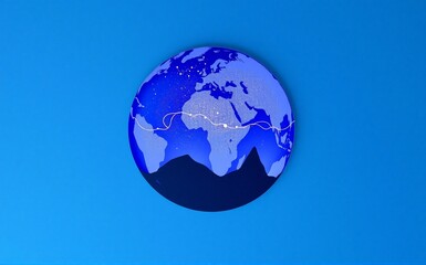 Fototapeta premium A stunning, hyperrealistic 3D render of a blue planet with mountains, clouds, and city lights.