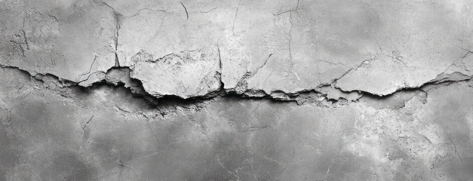 weathered gray concrete wall with long horizontal crack and peeling plaster, rough textured surface evoking decay and neglect