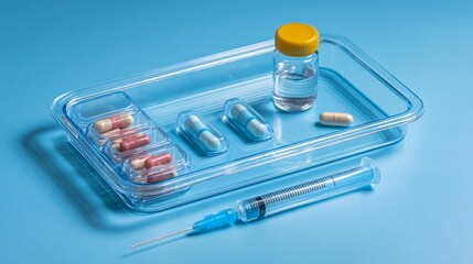 Medical supplies on tray with pills, capsules and syringe