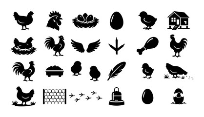 Chicken and Poultry Farm Icons Set – 24 Black Silhouette Symbols on White Background © Mediasegment