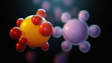 two glossy molecular spheres with small satellite nodes, one yellow with red nodes and one purple with lilac nodes, floating on a dark background with a playful futuristic mood